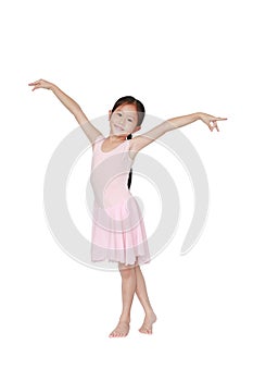 Happy Asian ballet dancer girl in pink tutu skirt isolated on white background. Little child girl dreams of becoming a ballerina