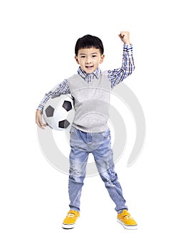 Happy asian Boy holding with football isolated on white background