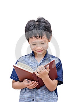 Happy Asian boy reading a book