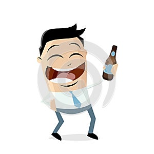 Happy asian businessman with bottle of beer closing work