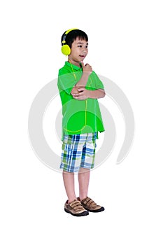 Happy asian child with headphones, Isolated on white background.