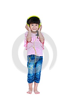 Happy asian child with headphones, Isolated on white background.