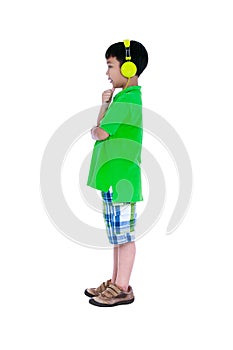 Happy asian child with headphones, Isolated on white background.