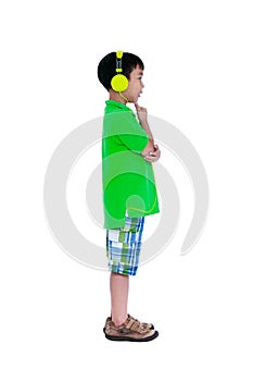 Happy asian child with headphones, Isolated on white background.