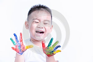 Happy asian child kid smile on education art show hand with water color or finger paint on hands