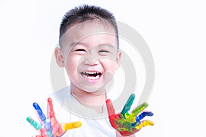 Happy asian child kid smile on education art show hand with water color or finger paint on hands