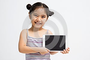 Happy Asian child with tablet computer