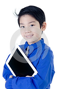 Happy Asian child with tablet computer on isolated background