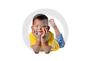 Happy asian children lying on floor isolated white background