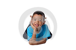 Happy asian children lying on floor isolated white background