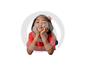 Happy asian children lying on floor isolated white background