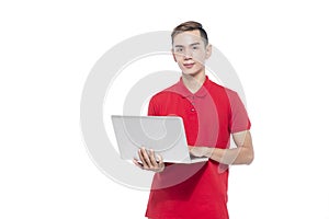 Happy Asian College Student Holding Laptop on Isolated White Background