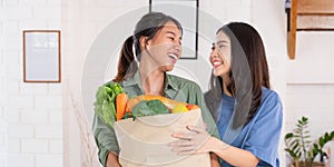 Happy asian couple lesbian holding vegetable bag  looing at camera after shopping at grocery store at home.LGBTQ lifestyle concept photo