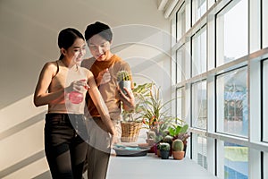 Happy Asian couples spend their free time taking care of and spraying water on the cactus plants by sunny windows in the apartment