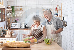 Happy asian elder senior couple cooking fresh meal in kitchen at home