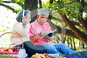 Happy Asian elderly couple Picnic sitting in the park.