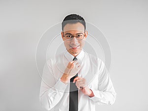 Happy employee businessman in office uniform.