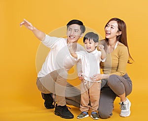 Happy asian family looking away and pointing