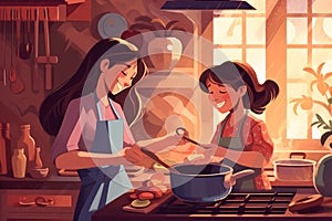 happy asian family mother and daughter cooking food in the kitchen together