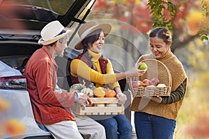 Happy Asian farmer family with senior parent are carrying produce harvest with homegrown organics apple, squash and pumpkin with