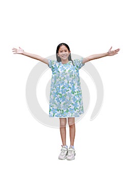 Happy Asian girl in flower dress with raised arms open wide isolated white background, Image full length with Clipping path