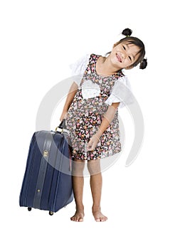 Happy Asian girl with heavy luggage