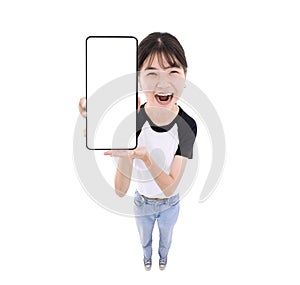 Happy Asian girl holding smartphone mockup of blank screen