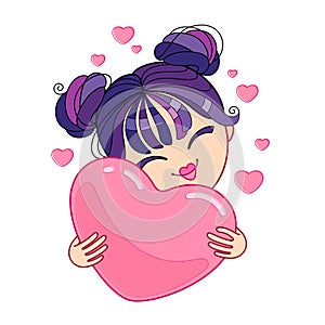 Happy Asian girl hugs a great pink Valentine. Vector emoji.