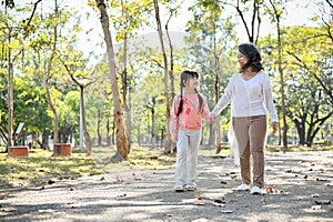 Happy Asian granddaughter holding hand with her grandmother while strolling in the park