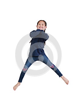 Happy asian kid girl jumping on air isolated on white background