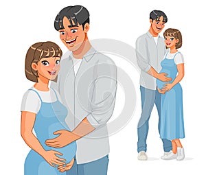 Happy Asian man holding belly of his pregnant wife. Vector illustration.