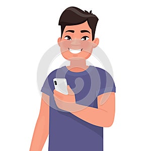 Happy Asian man holds smartphone in hand. Person and gadget. Com
