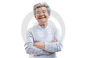 Happy Asian old woman joyful on white