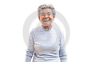 Happy Asian old woman joyful on white
