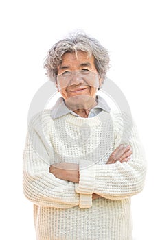 Happy Asian old woman smiling and joyful on white