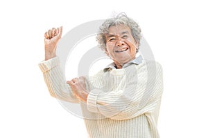Happy Asian old woman smiling and joyful on white