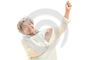 Happy Asian old woman smiling and joyful on white