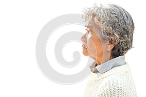 Happy Asian old woman smiling and joyful on white