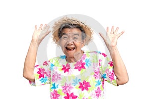 Happy Asian old woman smiling and joyful on white