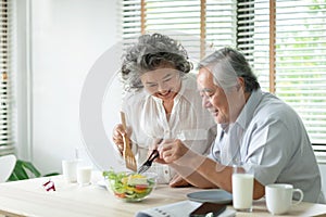 Happy Asian Older couple relaxing preparing and cooking healthy salad at home together. Romantic Senior man and woman smiling