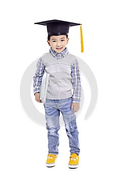 Happy Asian school kid graduate in graduation cap