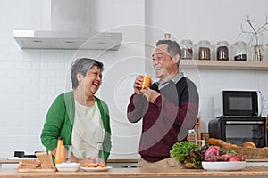 Happy Asian senior couple drinking fresh juice in the modern kitchen