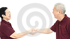 happy asian senior couple holding hands on white isolate background