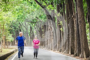 Happy asian Senior couple running outside at park