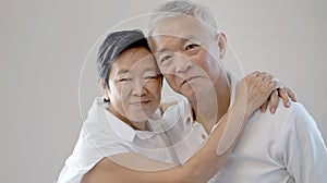 Happy Asian senior couple on white background love and hug