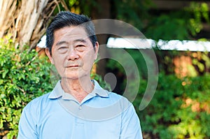 Happy asian senior gentleman sitting on a wooden bench and relaxing in a park  on a sunny day