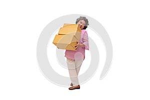 Happy asian senior woman holding package parcel box isolated on white background.