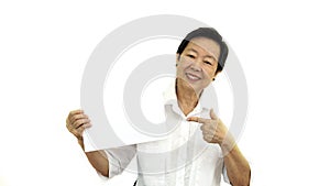 Happy Asian senior woman holding white blank sign on isolate background