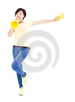 Happy asian student girl holding megaphone over white background