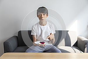 Happy Asian Teen Boy Holding Blueberry Cheesecake Cake sit on sofa at home.